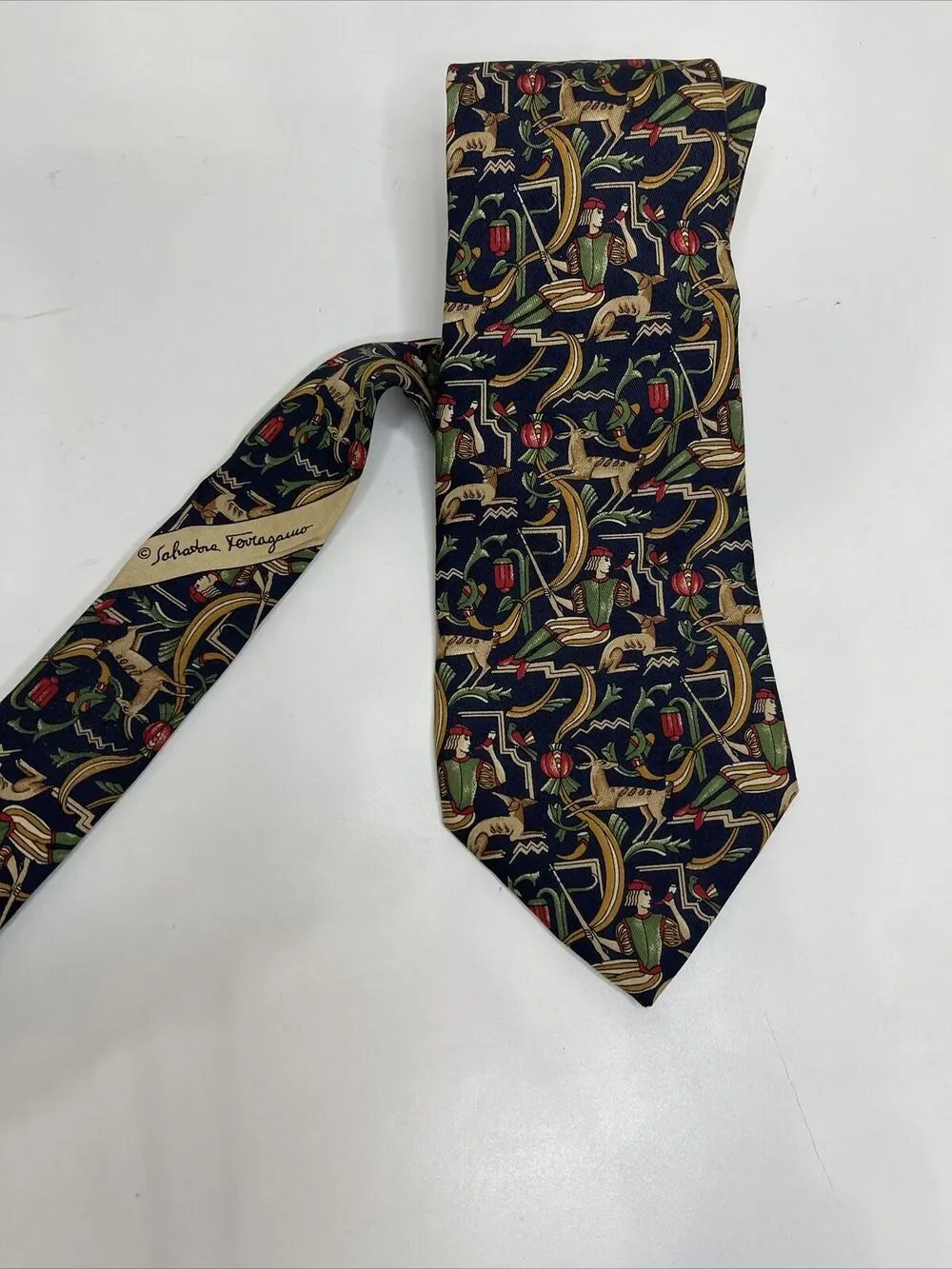 Salvatore Ferragamo Silk Tie Mens Blue Red Abstract Deer Hunter Print Pointed